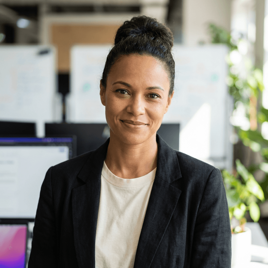 Female facilities manager in her 30s, White, wearing professional attire in a bright office