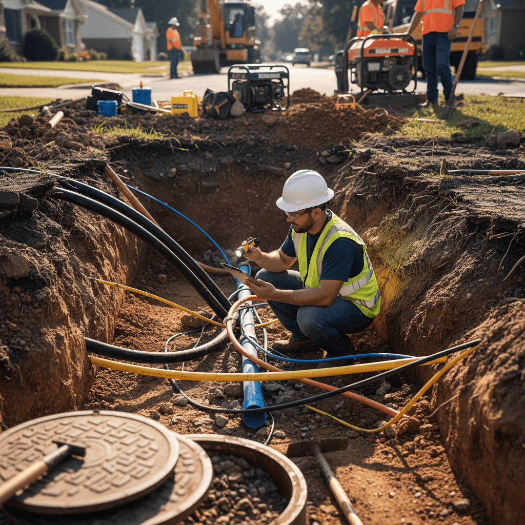 Contractor in work gear inspecting buried utility lines