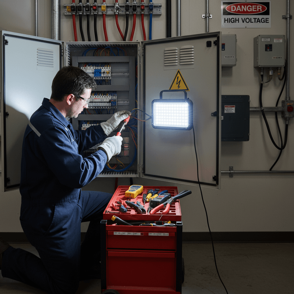 Technician working on an electrical panel with a wrench
