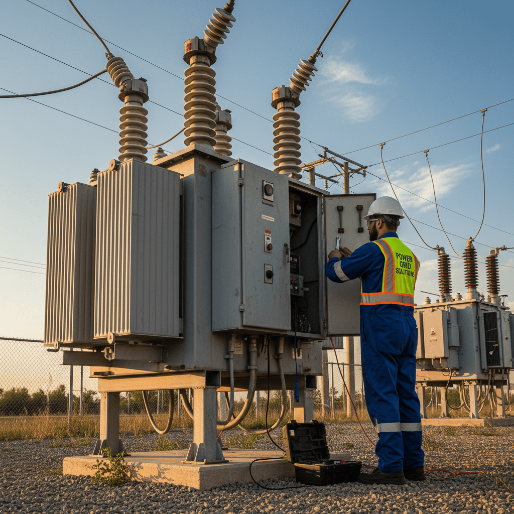 Technician performing maintenance on outdoor utility equipment