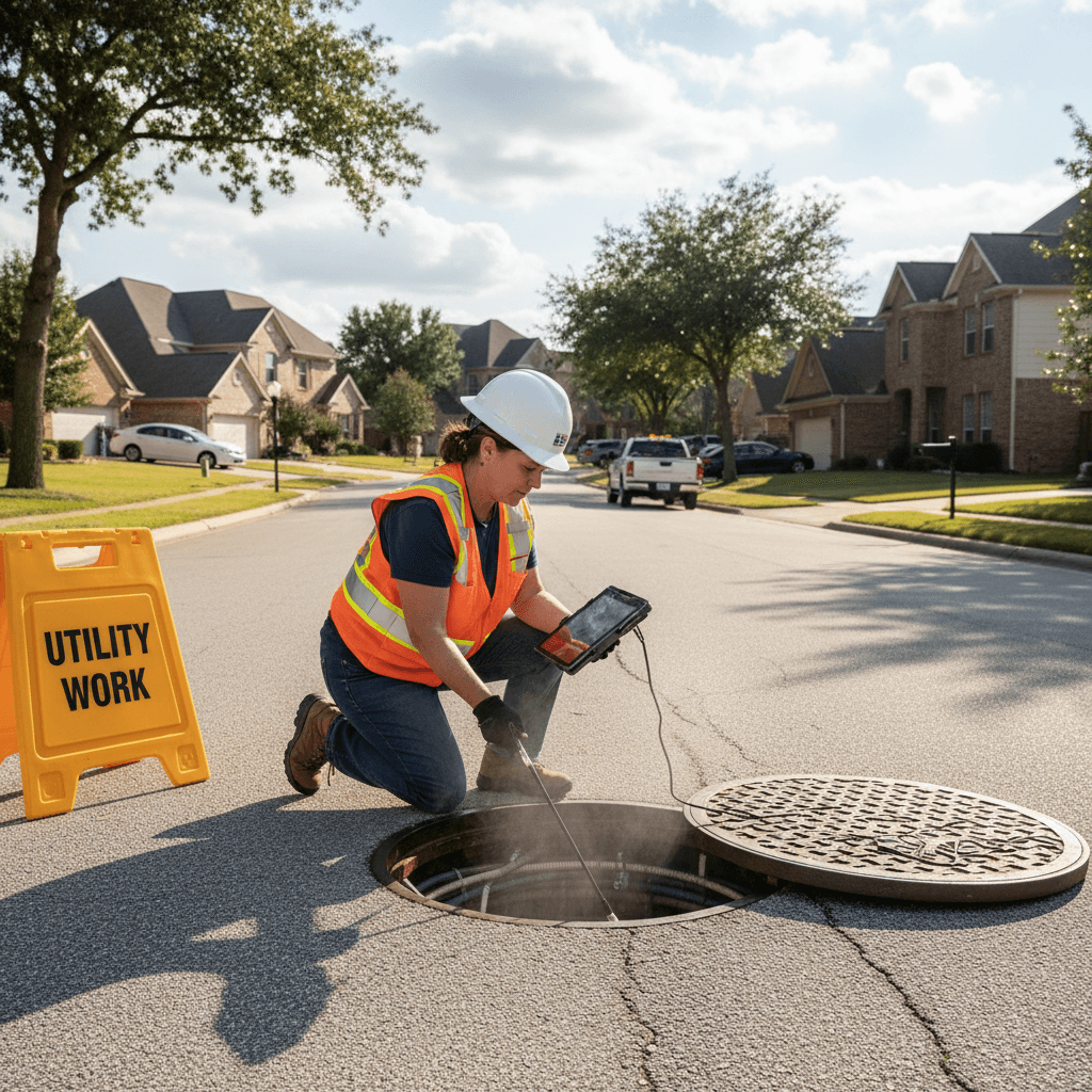 Utility worker inspecting underground infrastructure in residential area