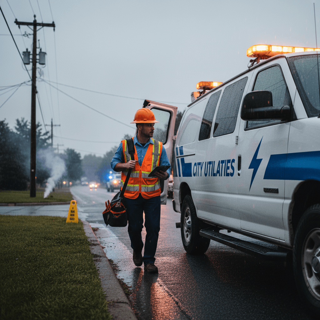 Utility worker in safety vest beside a service van