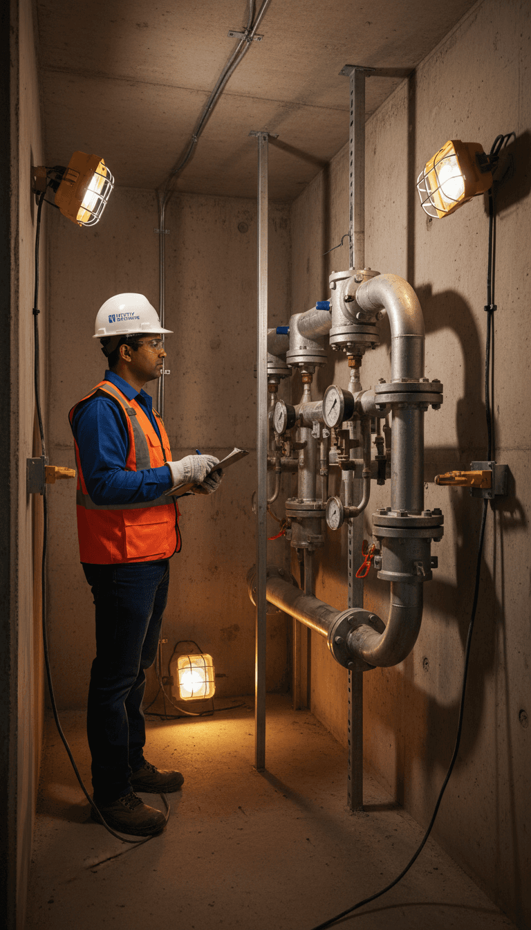 Utility worker in safety vest inspecting underground infrastructure