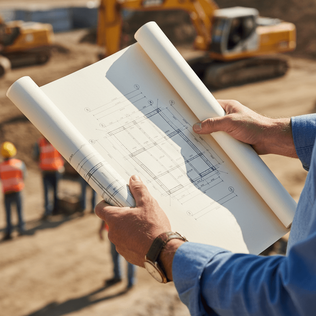 Engineer reviewing blueprints and permit documents on a construction site