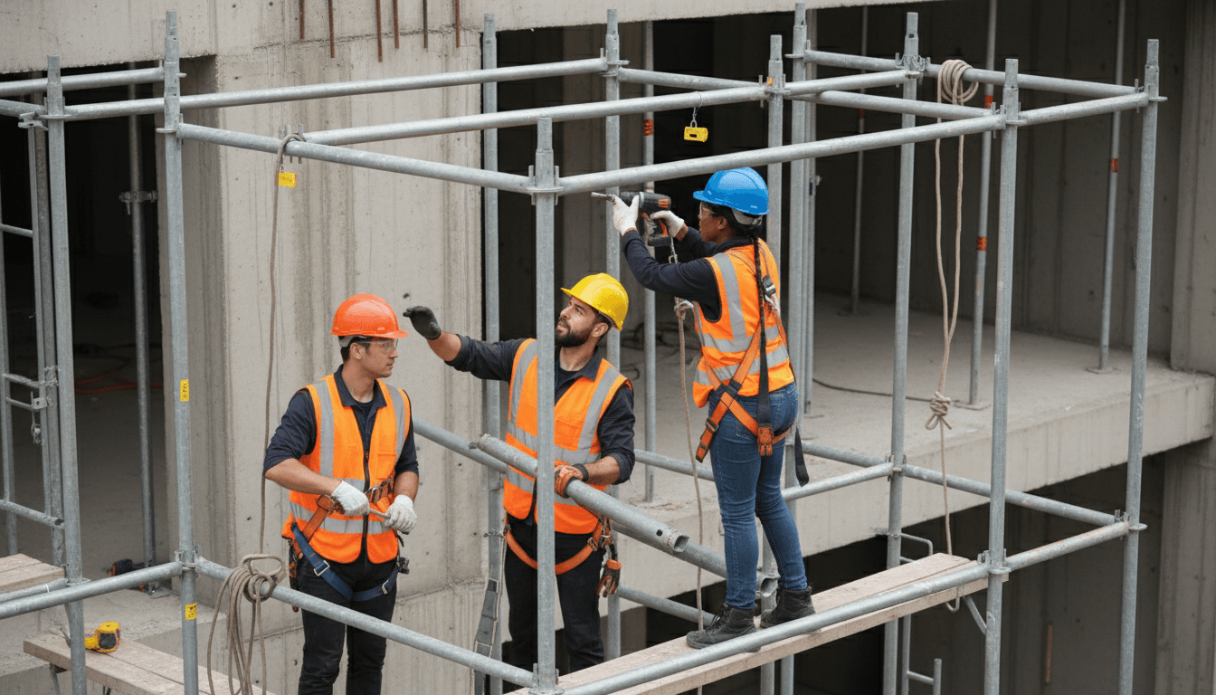 Construction crew in hard hats and safety gear working on infrastructure